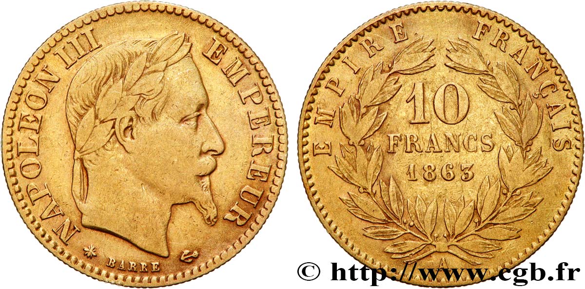 10 francs or Napoléon III, tête laurée 1863 Paris F.507A/3 TB 