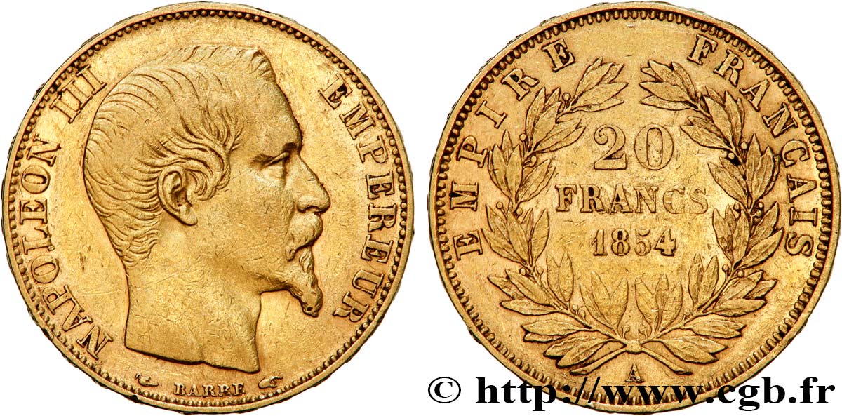 20 francs or Napoléon III, tête nue 1854 Paris F.531/2 VF 