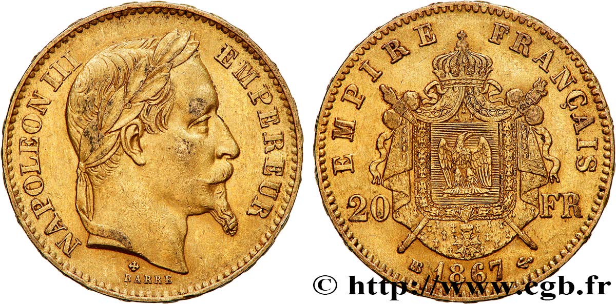 20 francs or Napoléon III, tête laurée, petit BB 1867 Strasbourg F.532/16 TTB50 