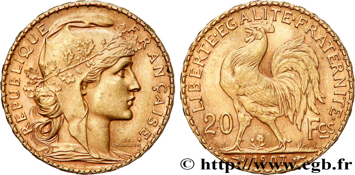 20 francs or Coq, Liberté Égalité Fraternité 1907 Paris F.535/1 VZ 