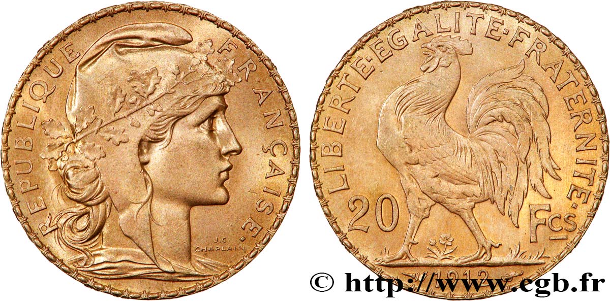 20 francs or Coq, Liberté Égalité Fraternité 1912 Paris F.535/6 SPL 