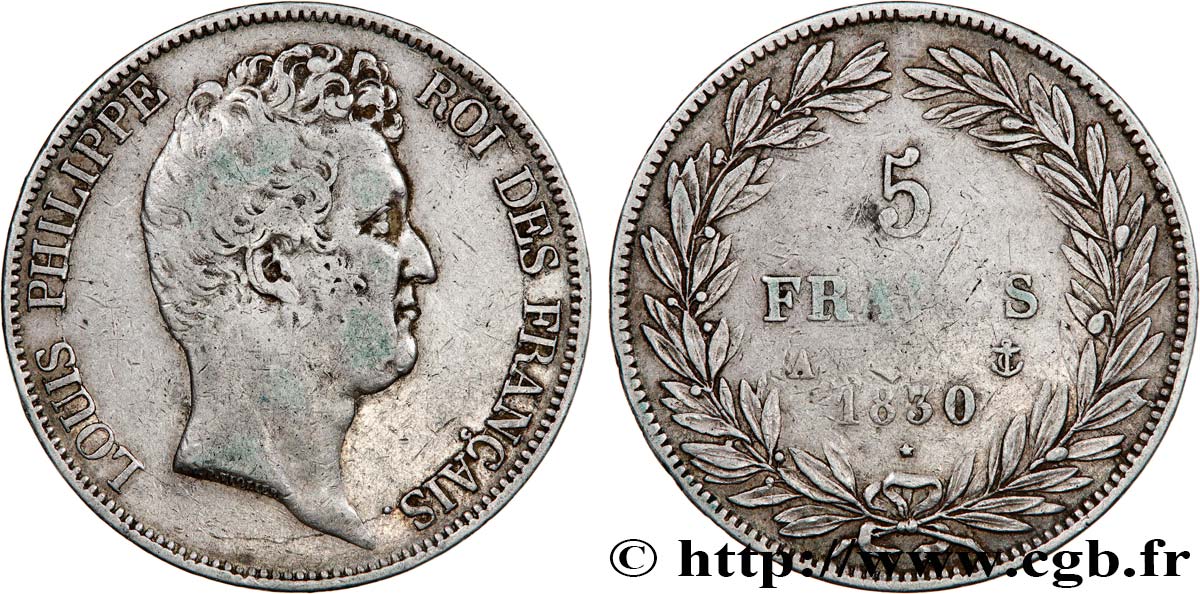 5 francs type Tiolier sans le I, tranche en creux 1830 Paris F.313/1 TB 