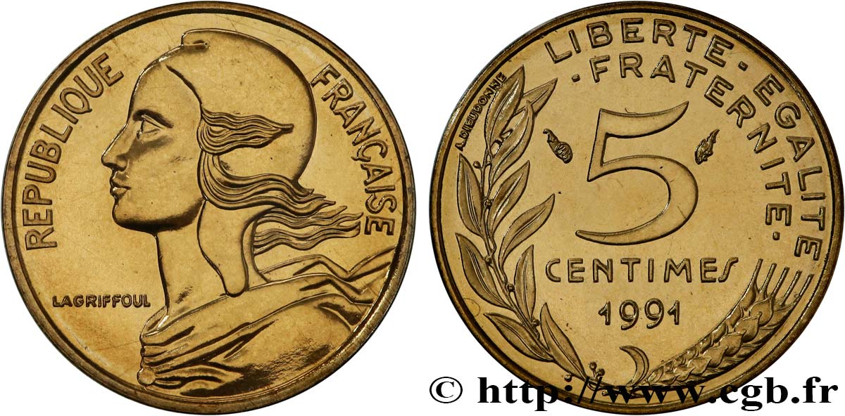 5 centimes Marianne, BU (Brillant Universel), frappe médaille 1991 Pessac F.125/28 MS 