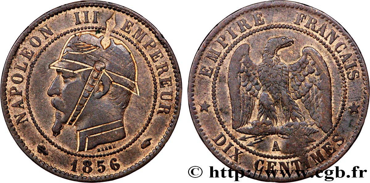 Dix centimes Napoléon III, tête nue, satirique 1856 Paris F.133/34 var. TB+ 