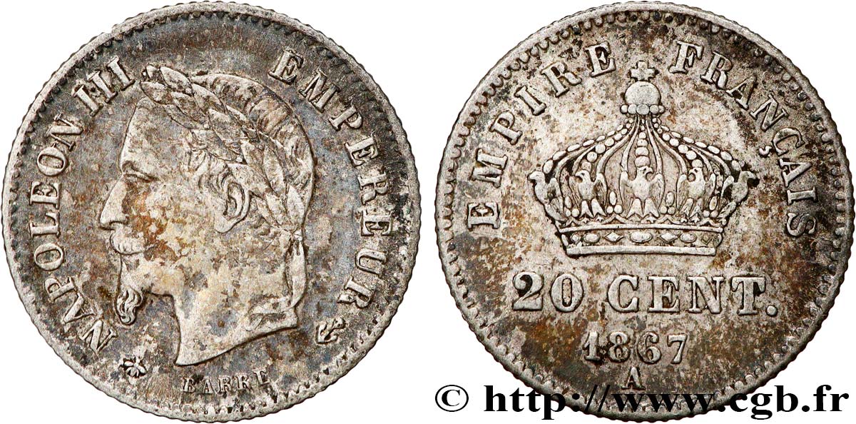 20 centimes Napoléon III, tête laurée, grand module 1867 Paris F.150/1 XF45 