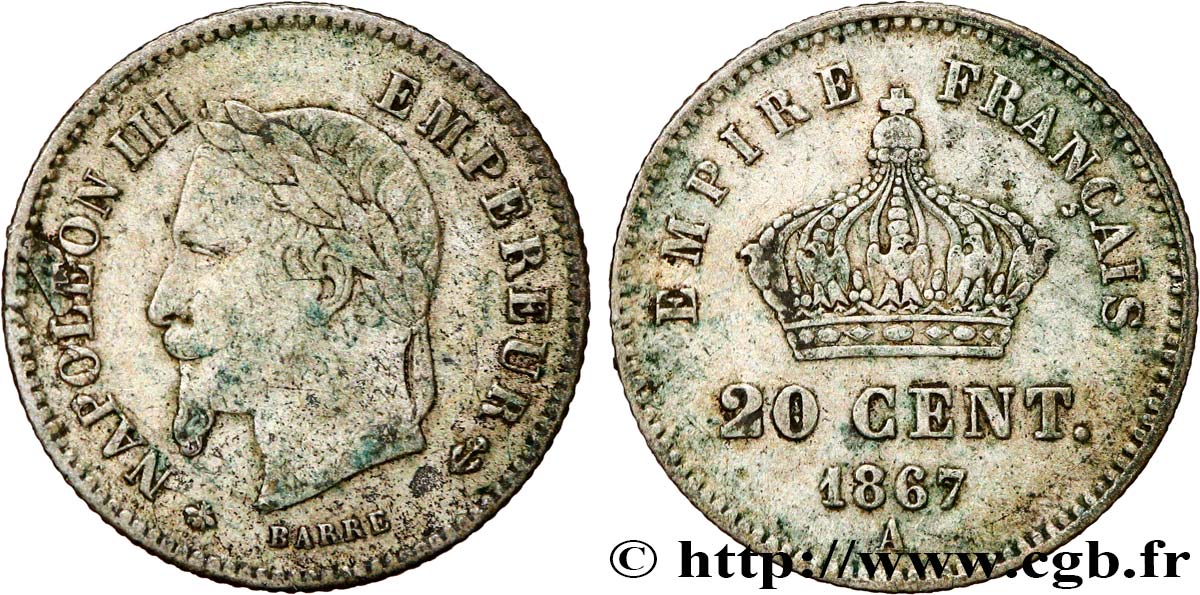 20 centimes Napoléon III, tête laurée, grand module 1867 Paris F.150/1 fSS 