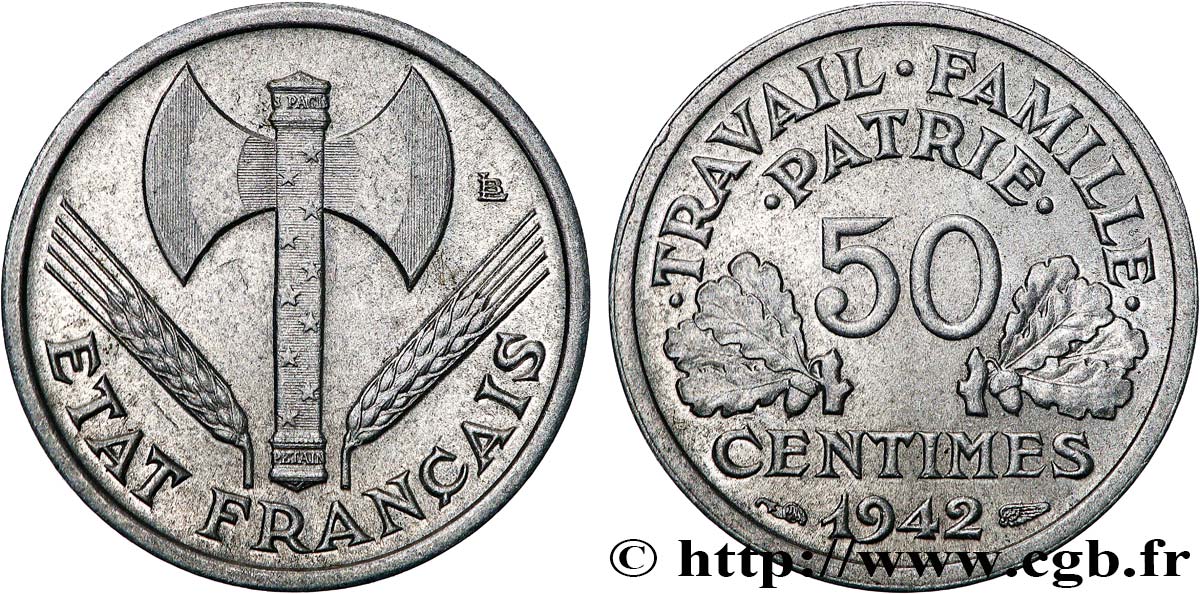 50 centimes Francisque, lourde 1942 Paris F.195/3 SUP60 