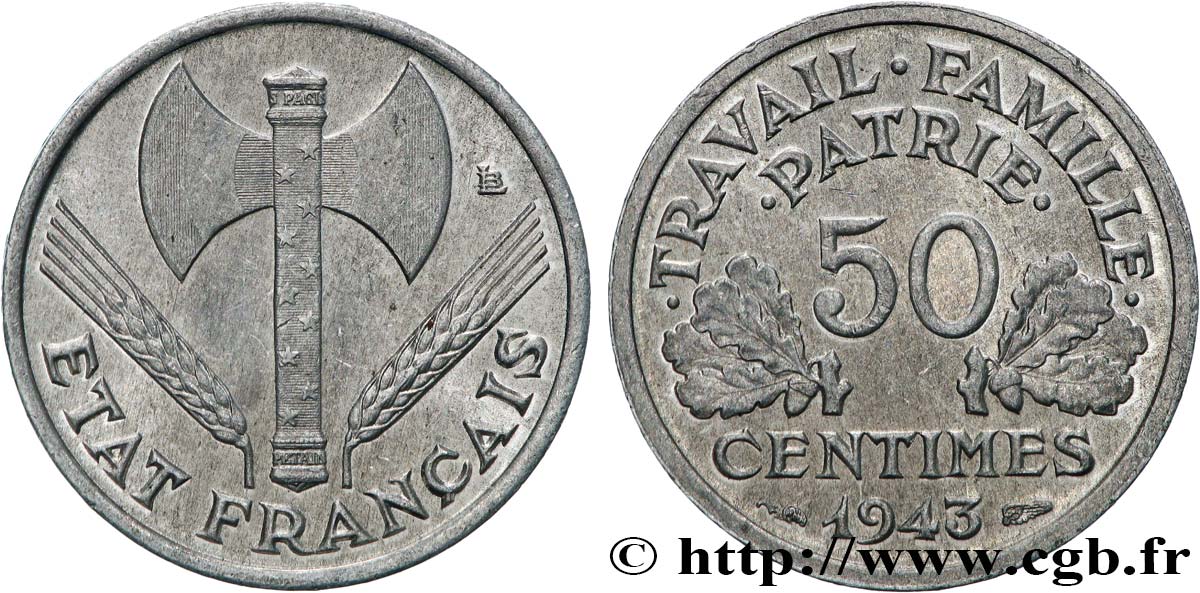 50 centimes Francisque, légère 1943  F.196/2 SUP60 