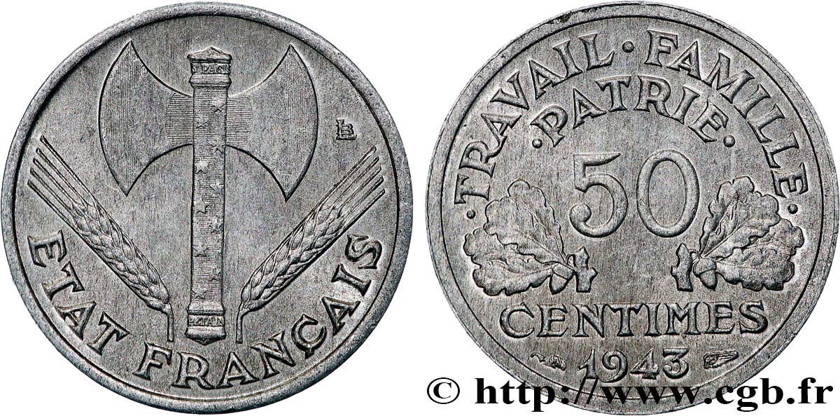 50 centimes Francisque, légère 1943  F.196/2 AU58 
