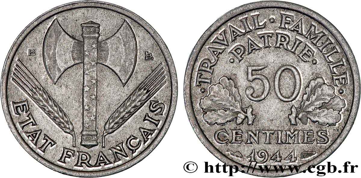 50 centimes Francisque, légère 1944 Beaumont-Le-Roger F.196/5 TTB50 