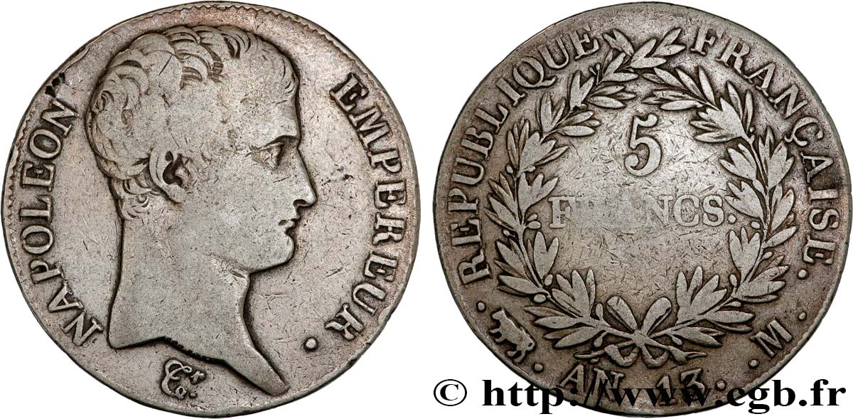 5 francs Napoléon Empereur, Calendrier révolutionnaire, tranche fautée 1805 Toulouse F.303/13 TB20 