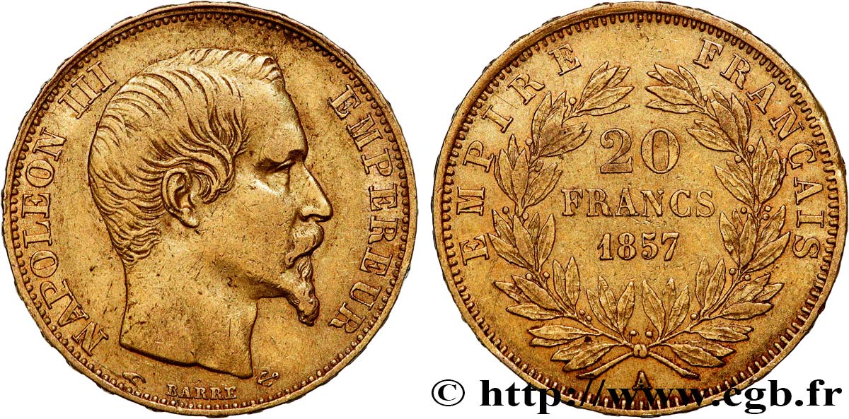 20 francs or Napoléon III, tête nue 1857 Paris F.531/12 XF40 