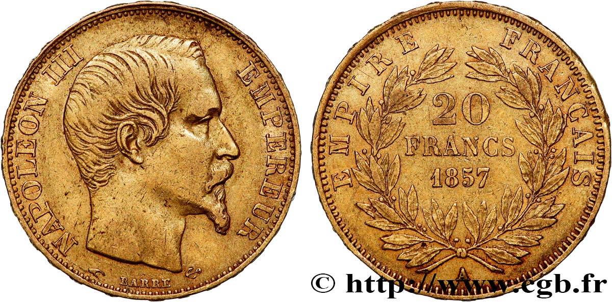 20 francs or Napoléon III, tête nue 1857 Paris F.531/12 SS40 