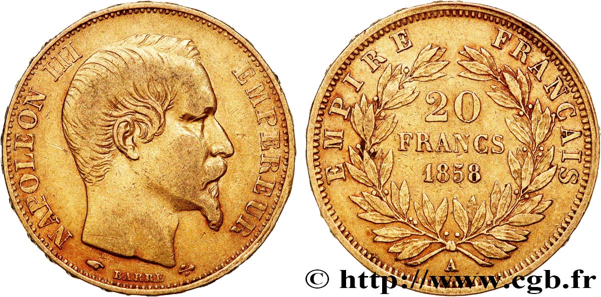 20 francs or Napoléon III, tête nue 1858 Paris F.531/13 fSS 