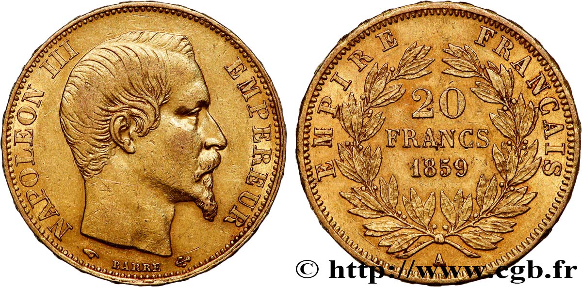 20 francs or Napoléon III, tête nue 1859 Paris F.531/15 BB 