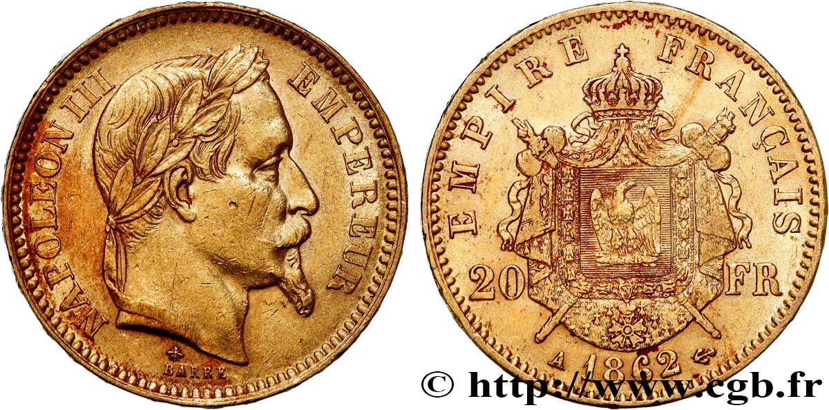 20 francs or Napoléon III, tête laurée 1862 Paris F.532/3 MBC40 
