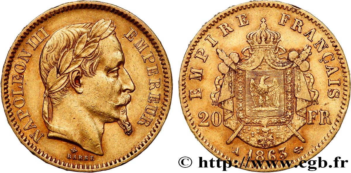 20 francs or Napoléon III, tête laurée 1863 Paris F.532/6 TB35 