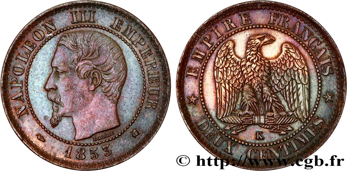 Deux centimes Napoléon III, tête nue 1853 Bordeaux F.107/6 TTB+ 