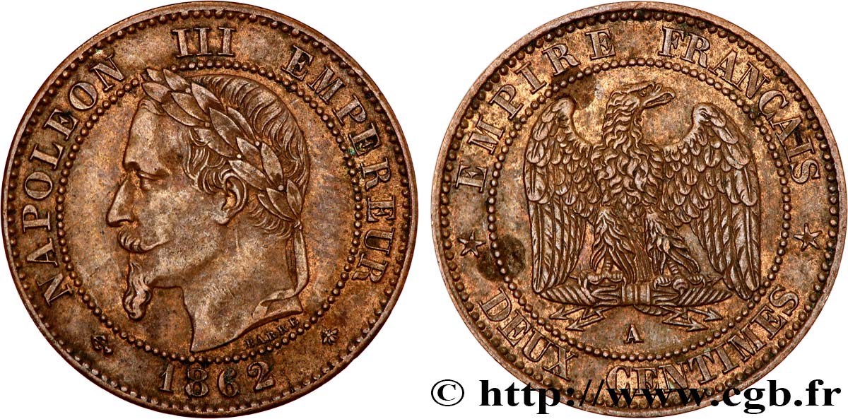 Deux centimes Napoléon III, tête laurée, buste définitif 1862 Paris F.108A/4 MBC50 