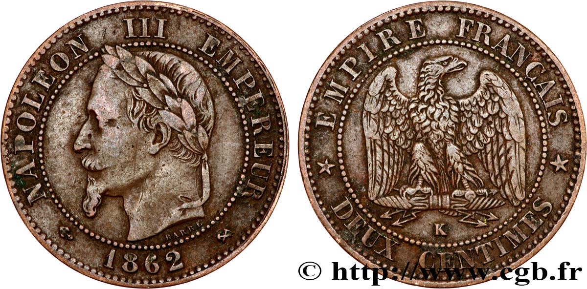 Deux centimes Napoléon III, tête laurée, buste définitif 1862 Bordeaux F.108A/7 MB35 
