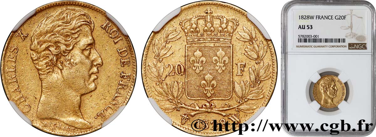 20 francs or Charles X 1828 Lille F.521/4 AU53 NGC