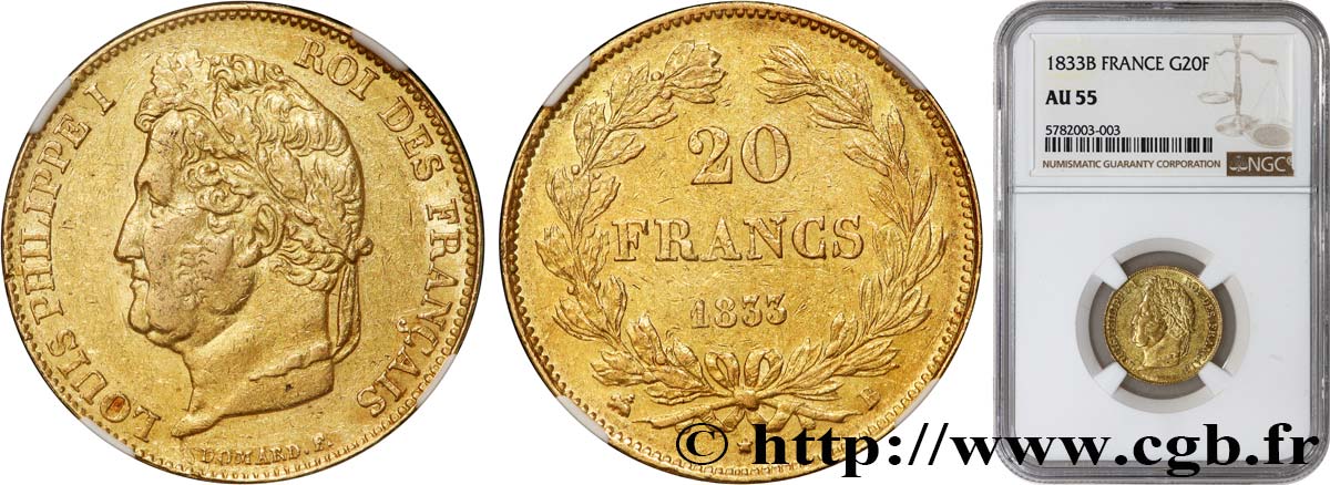 20 francs Louis-Philippe, Domard 1833 Rouen F.527/5 AU55 NGC