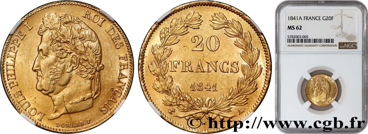 20 francs or Louis-Philippe, Domard 1841 Paris F.527/25 EBC62 NGC