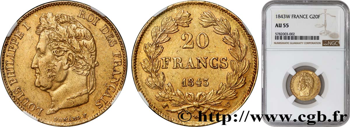 20 francs Louis-Philippe, Domard 1843 Lille F.527/30 AU55 NGC