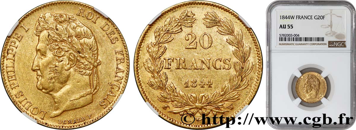 20 francs Louis-Philippe, Domard 1844 Lille F.527/32 AU55 NGC