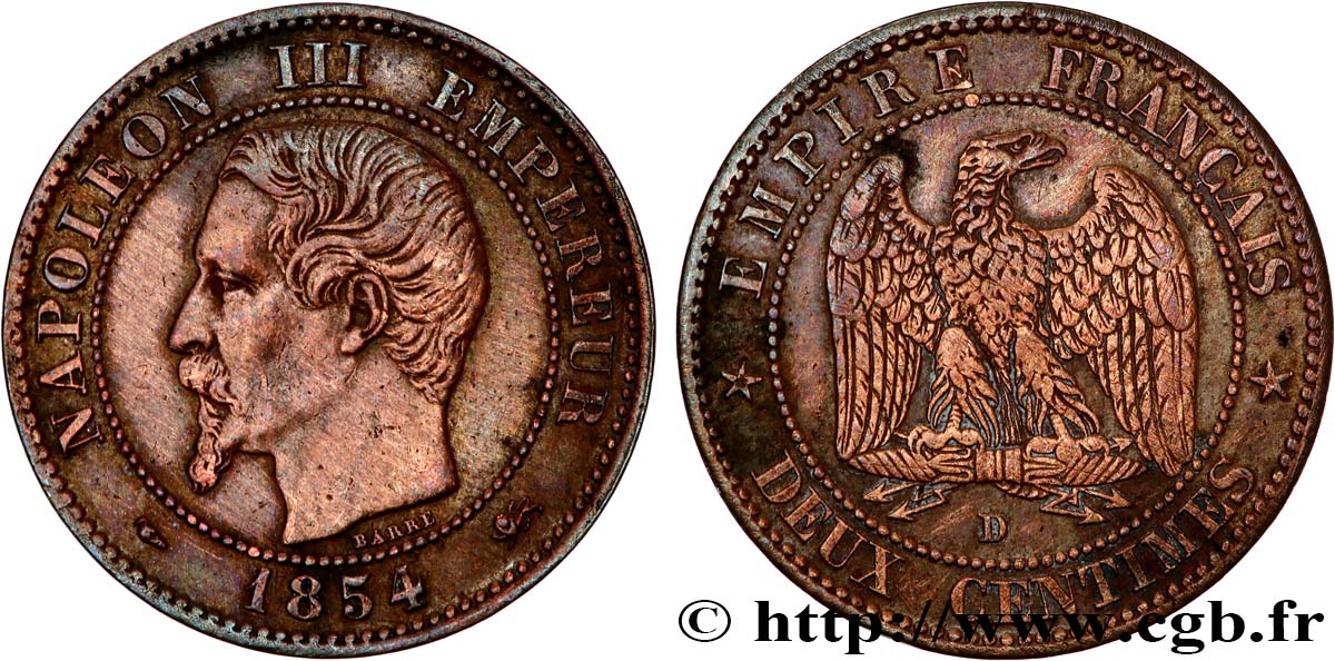 Deux centimes Napoléon III, tête nue, petit D et grand lion 1854 Lyon F.107/14 TB+ 