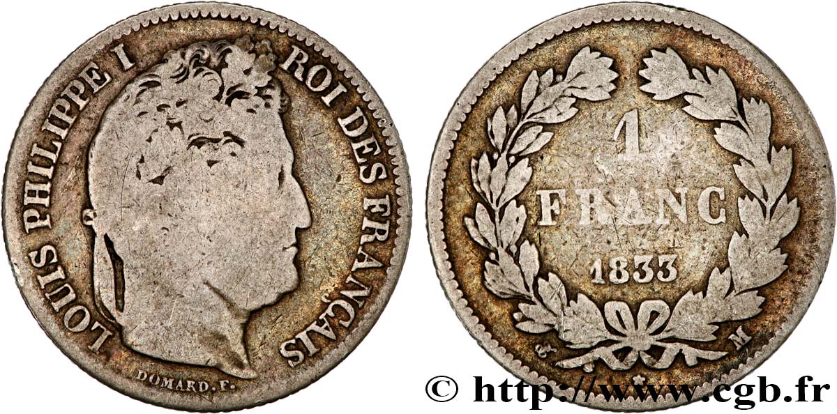 1 franc Louis-Philippe, couronne de chêne 1833 Toulouse F.210/22 RC8 