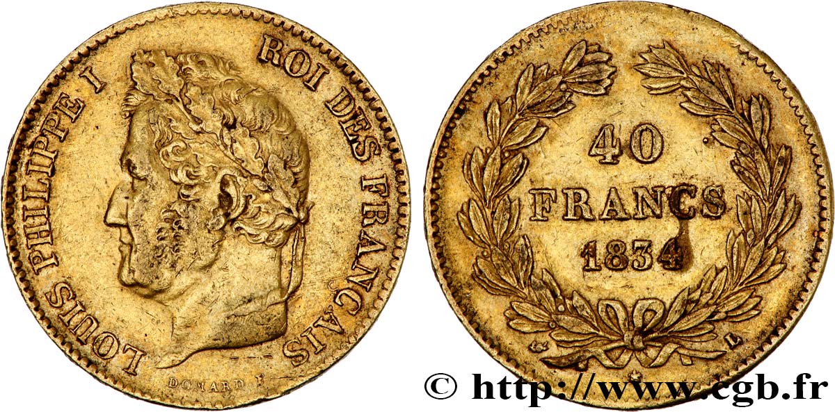 40 francs or Louis-Philippe 1834 Bayonne F.546/7 MBC45 