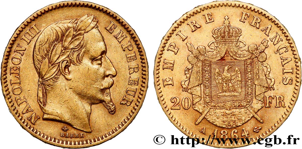20 francs or Napoléon III, tête laurée 1864 Paris F.532/8 BB40 