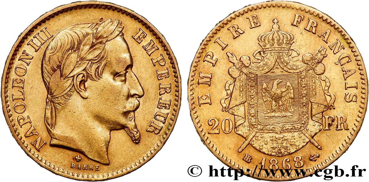 20 francs or Napoléon III, tête laurée 1868 Strasbourg F.532/19 VF 