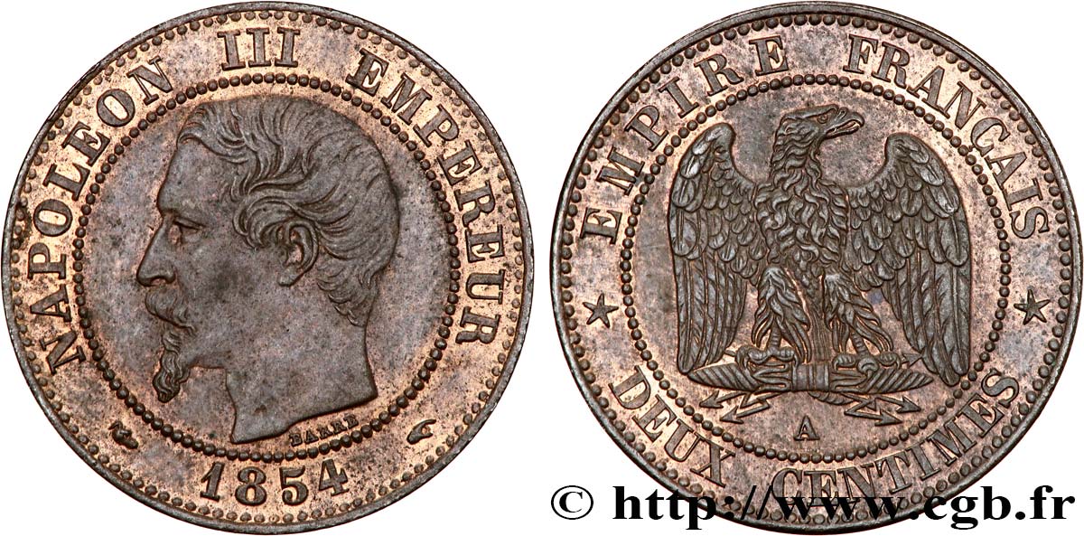 Deux centimes Napoléon III, tête nue 1854 Paris F.107/9 MS63 