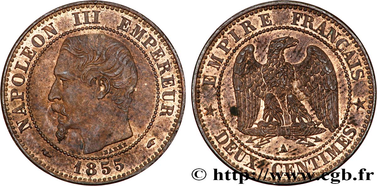 Deux centimes Napoléon III, tête nue 1855 Paris F.107/19 MS62 