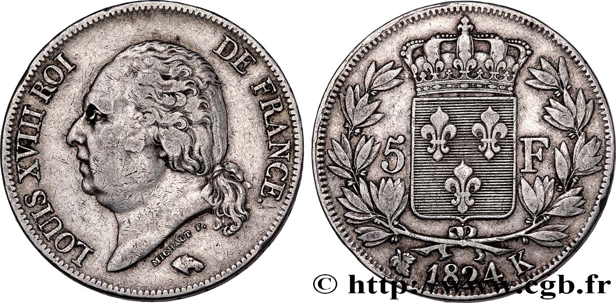 5 francs Louis XVIII, tête nue 1824 Bordeaux F.309/93 BC35 