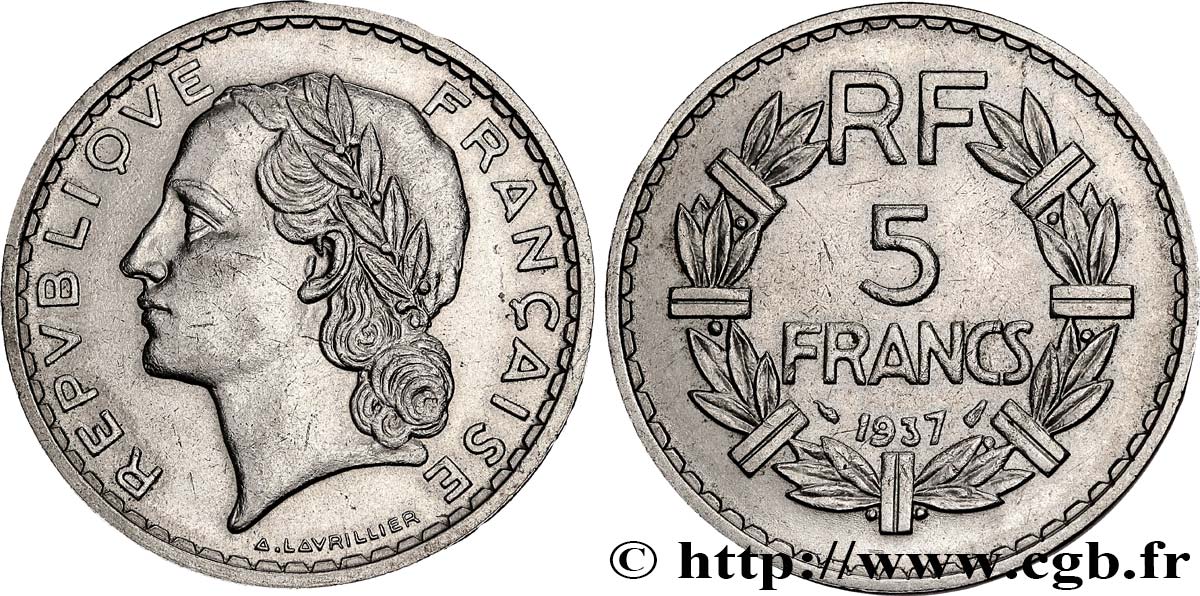 5 francs Lavrillier, nickel 1937  F.336/6 TTB+ 