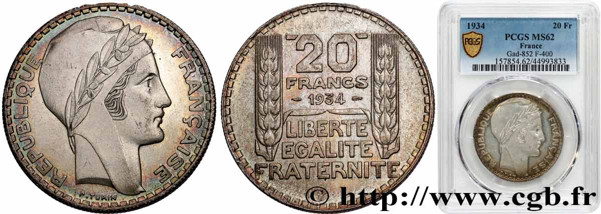 20 francs Turin 1934  F.400/6 SPL62 PCGS