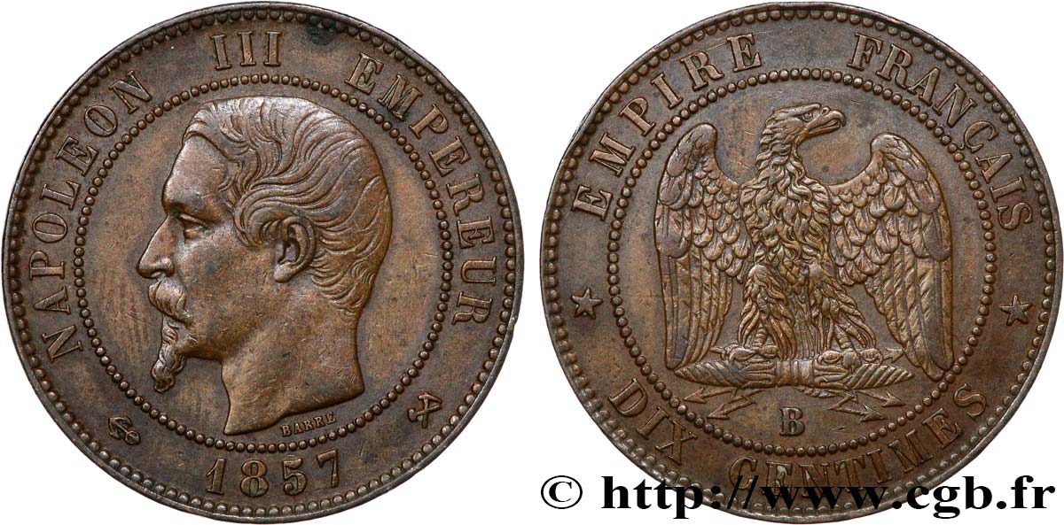 Dix centimes Napoléon III, tête nue 1857 Rouen F.133/41 TTB50 