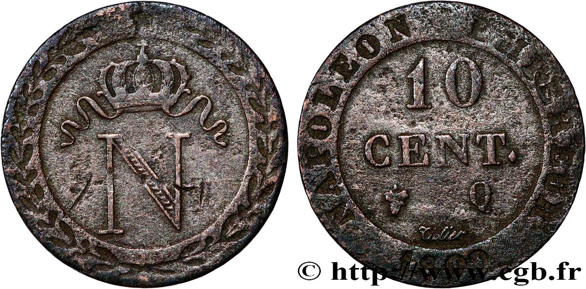 10 cent. à l N couronnée, frappe médaille 1809 Perpignan F.130/17 var. BC 