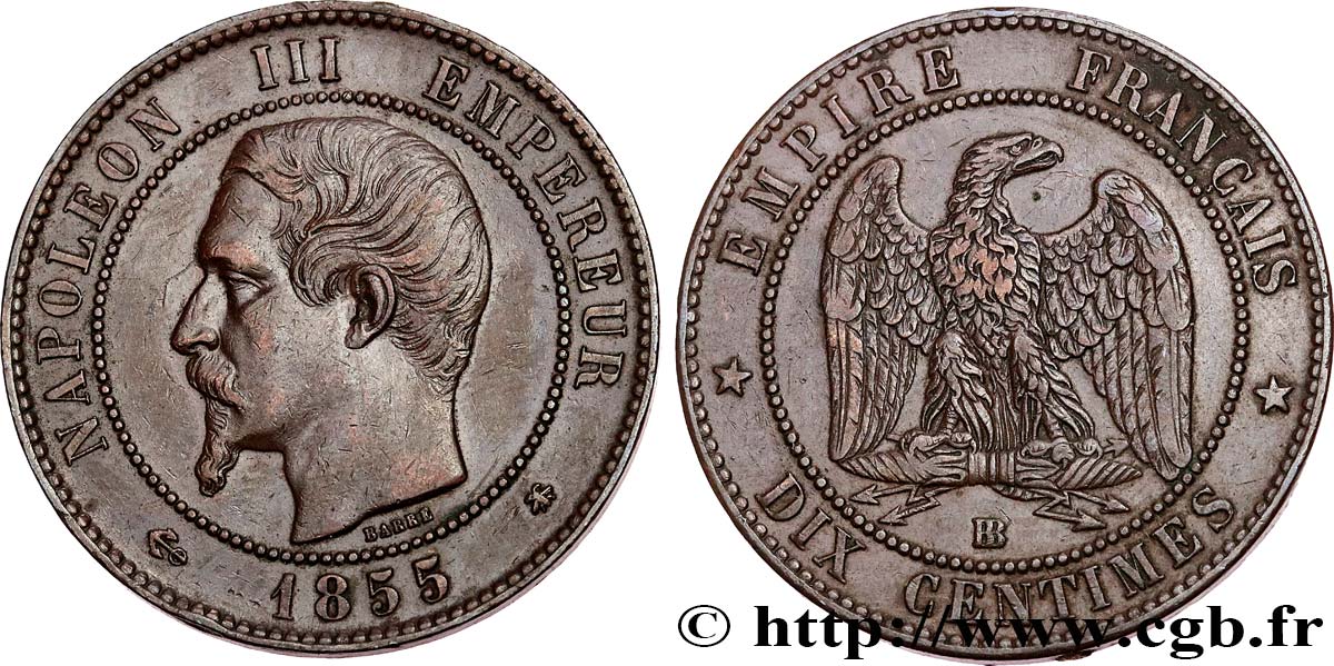 Dix centimes Napoléon III, tête nue, différent ancre 1855 Strasbourg F.133/24 TTB50 