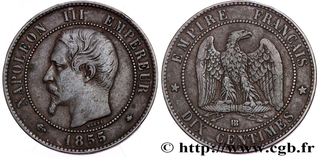 Dix centimes Napoléon III, tête nue, différent ancre 1855 Strasbourg F.133/24 TTB40 