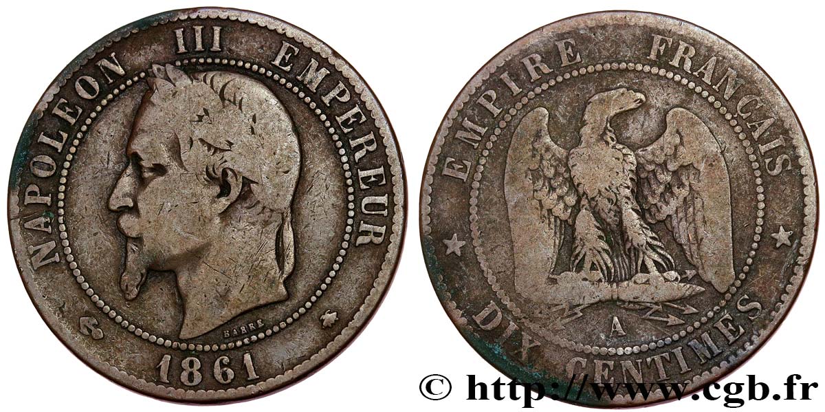Dix centimes Napoléon III, tête laurée 1861 Paris F.134/4 TB15 