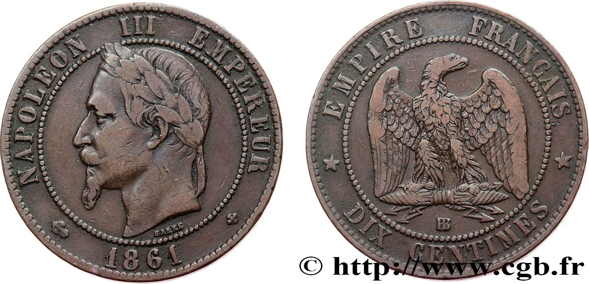 Dix centimes Napoléon III, tête laurée 1861 Strasbourg F.134/5 TB+ 