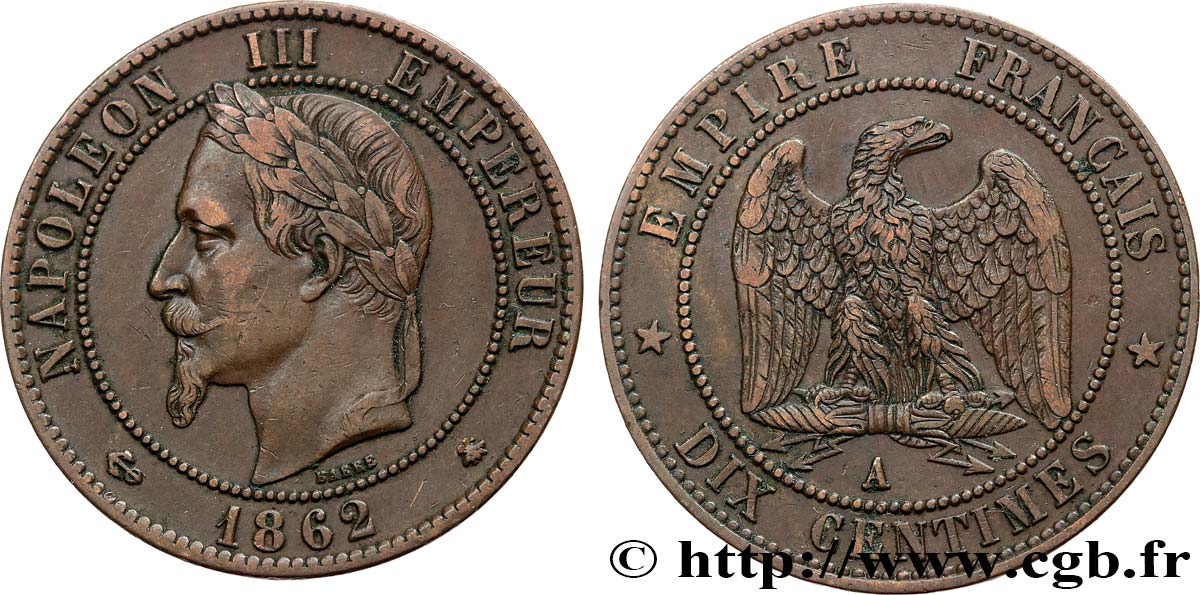 Dix centimes Napoléon III, tête laurée 1862 Paris F.134/5 AU50 