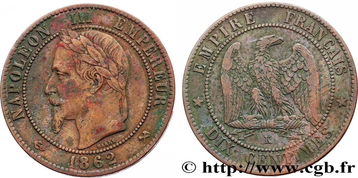 Dix centimes Napoléon III, tête laurée 1862 Bordeaux F.134/9 TB 