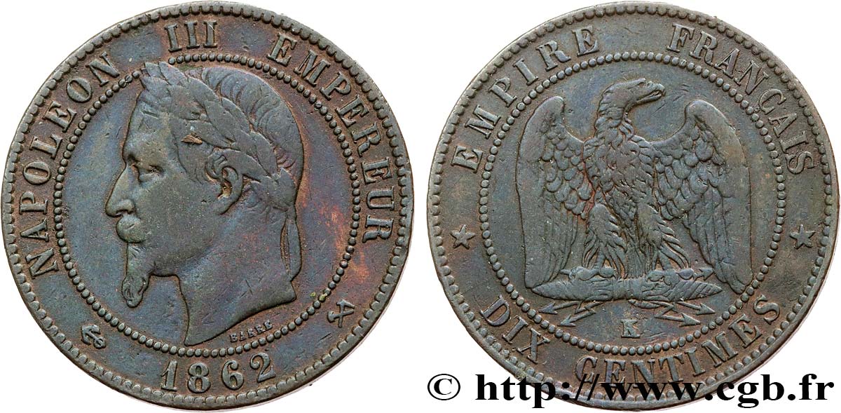 Dix centimes Napoléon III, tête laurée 1862 Bordeaux F.134/9 TB30 