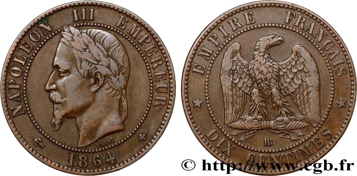 Dix centimes Napoléon III, tête laurée 1864 Strasbourg F.134/14 VF35 