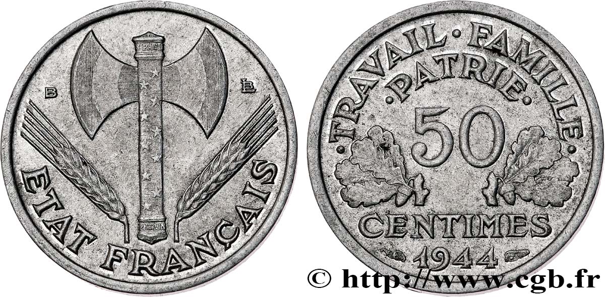 50 centimes Francisque, légère 1944 Beaumont-Le-Roger F.196/5 AU50 